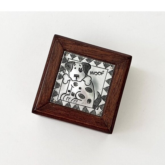 Solid Wood Silver Toned Lidded Dog Etched Vintage Jewelry Box | Container - Picture 5 of 7